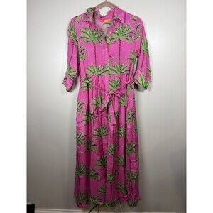 Vilagallo Button Front Midi Dress Size 38 Tropical Palm Tree Resort Vacation